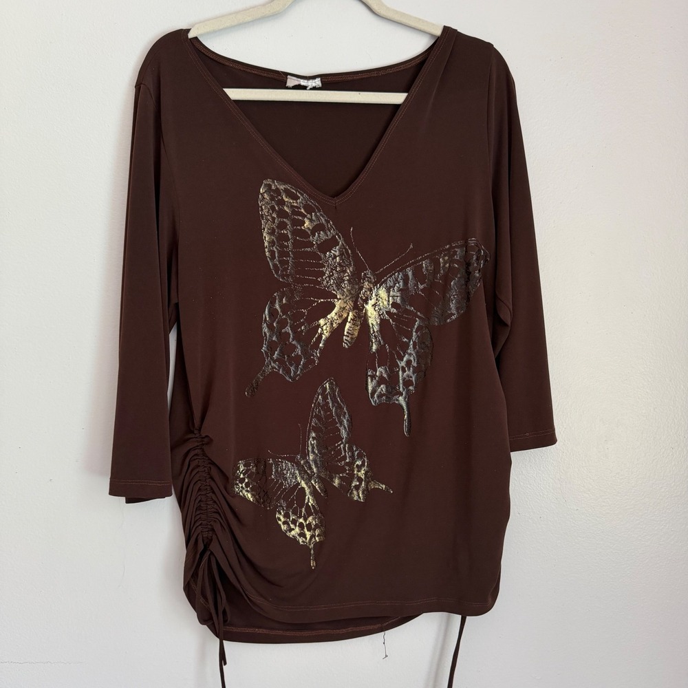 Y2K Brown Butterfly Graphic V-Neck Top 3/4 Sleeve Ruched Side Ties Gold Metallic